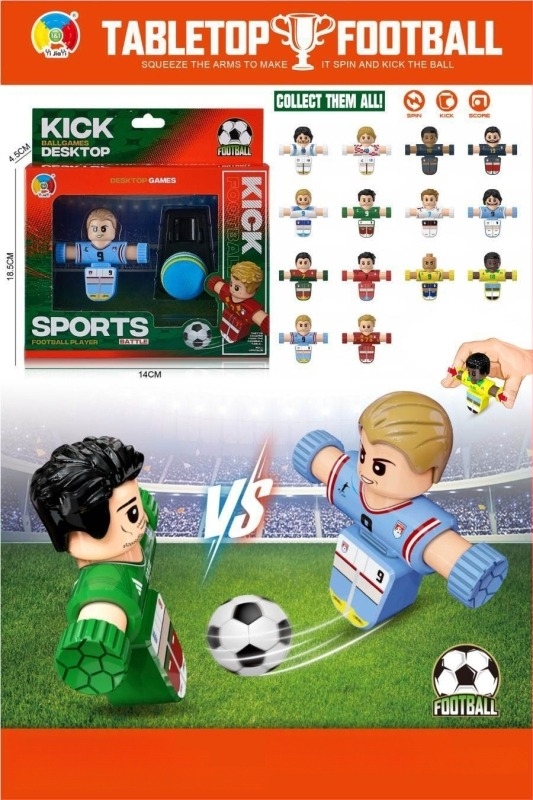 Joc de fotbal pe masă pentru copii cu acțiune catapultă; construcție din plastic; vârsta 4–14 ani; origine Guangdong; ambalaj: cutie colorată.