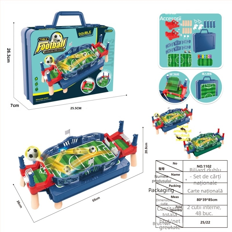 Joc de fotbal pe masă pentru copii cu acțiune catapultă; construcție din plastic; vârsta 4–14 ani; origine Guangdong; ambalaj: cutie colorată.