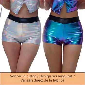 Costum de scenă pentru femei, pantaloni scurți lucioși, talie înaltă, țesătură Poliester-elastan (≥95% poliester, ≤30% elastan), codul produsului Yt736, Primăvara 2025