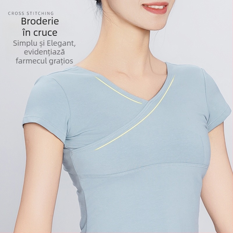 Top de dans pentru femei – tricou scurt din bumbac cu cruce frontală, balet pentru practică, adultă, model solid, bumbac 93%, căptușeală viscose 95%