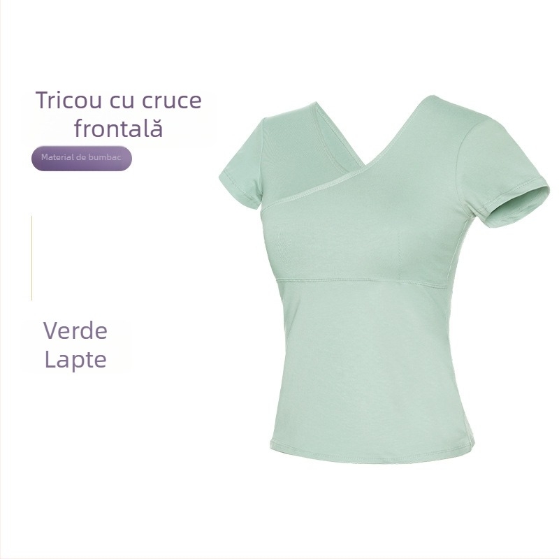 Top de dans pentru femei – tricou scurt din bumbac cu cruce frontală, balet pentru practică, adultă, model solid, bumbac 93%, căptușeală viscose 95%