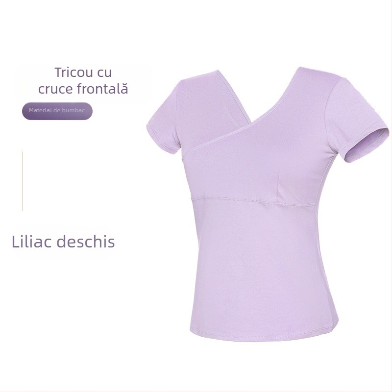 Top de dans pentru femei – tricou scurt din bumbac cu cruce frontală, balet pentru practică, adultă, model solid, bumbac 93%, căptușeală viscose 95%