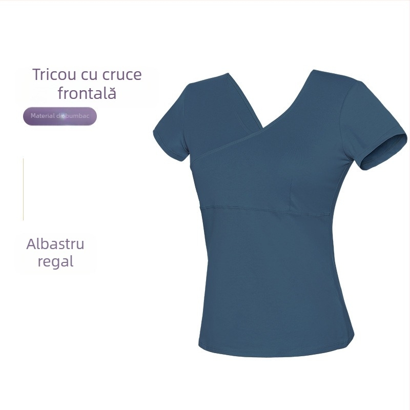 Top de dans pentru femei – tricou scurt din bumbac cu cruce frontală, balet pentru practică, adultă, model solid, bumbac 93%, căptușeală viscose 95%
