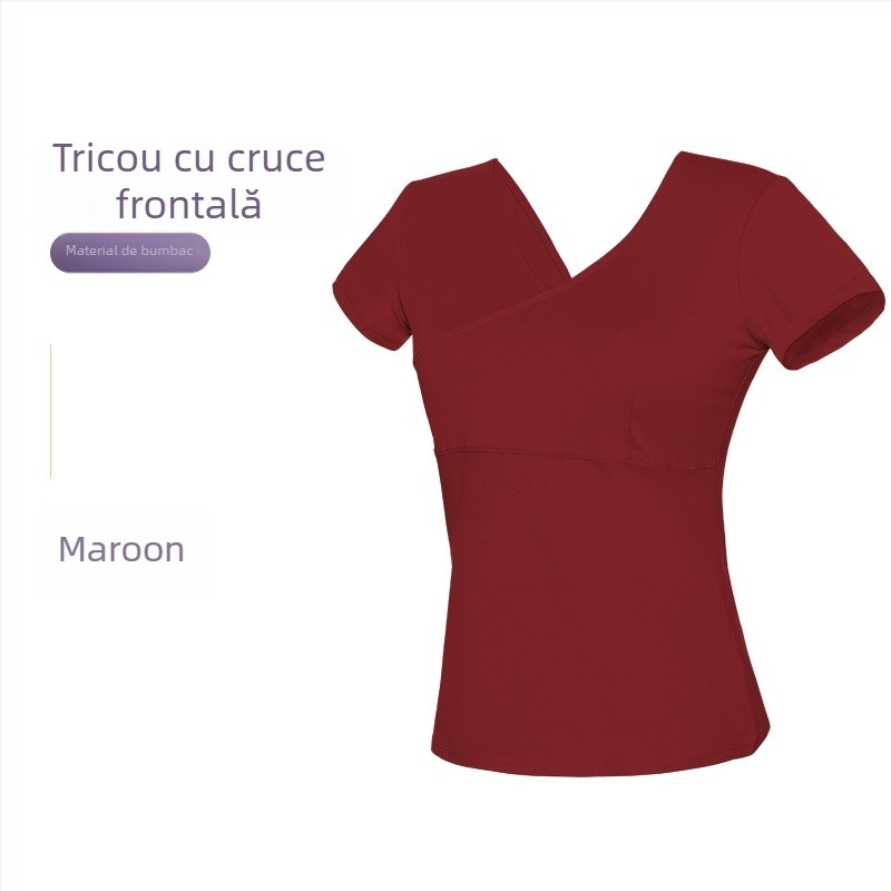 Top de dans pentru femei – tricou scurt din bumbac cu cruce frontală, balet pentru practică, adultă, model solid, bumbac 93%, căptușeală viscose 95%