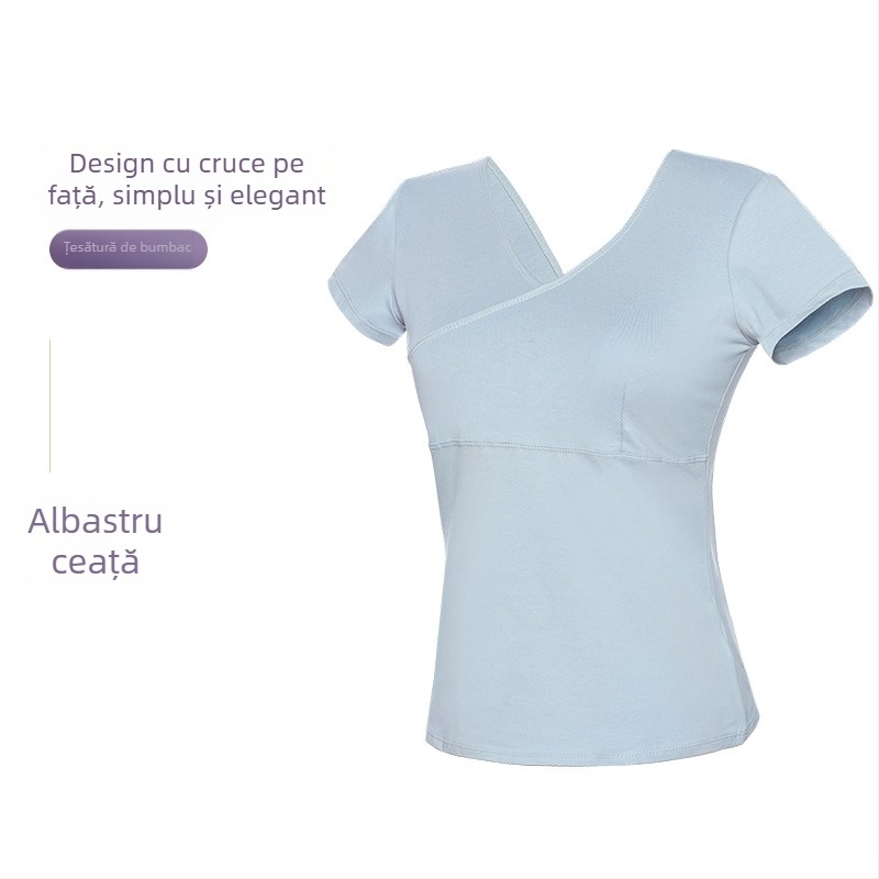 Top de dans pentru femei – tricou scurt din bumbac cu cruce frontală, balet pentru practică, adultă, model solid, bumbac 93%, căptușeală viscose 95%