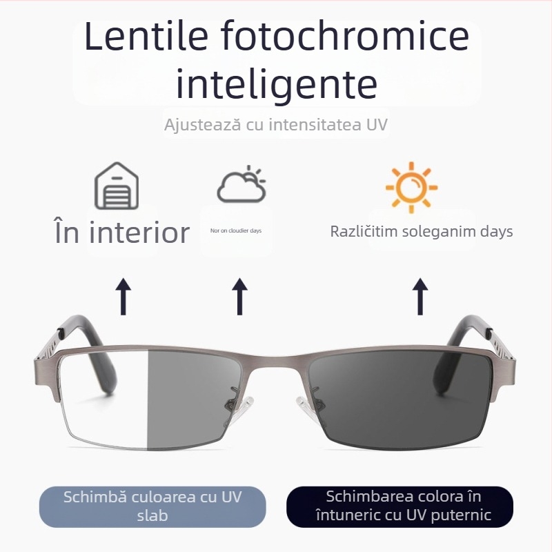 Ochelari progresivi de citit cu anti-lumină albastră, lentile ce își schimbă culoarea, material lentile AC, ramă metalică pătrată