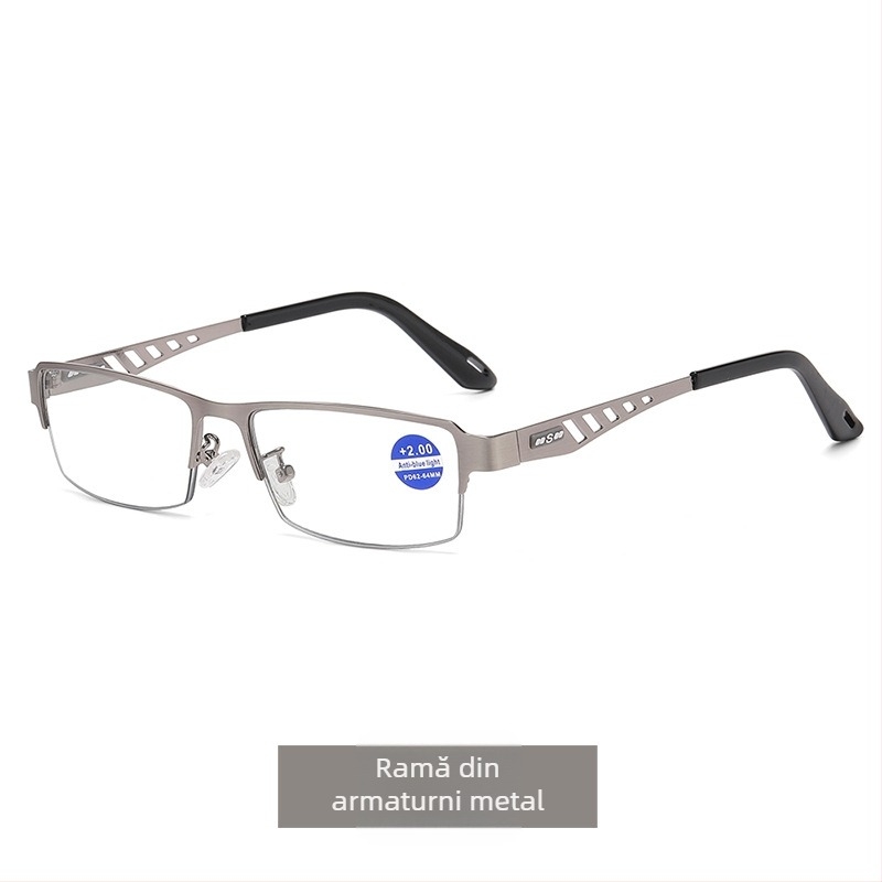 Ochelari progresivi de citit cu anti-lumină albastră, lentile ce își schimbă culoarea, material lentile AC, ramă metalică pătrată