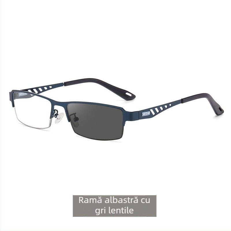 Ochelari progresivi de citit cu anti-lumină albastră, lentile ce își schimbă culoarea, material lentile AC, ramă metalică pătrată