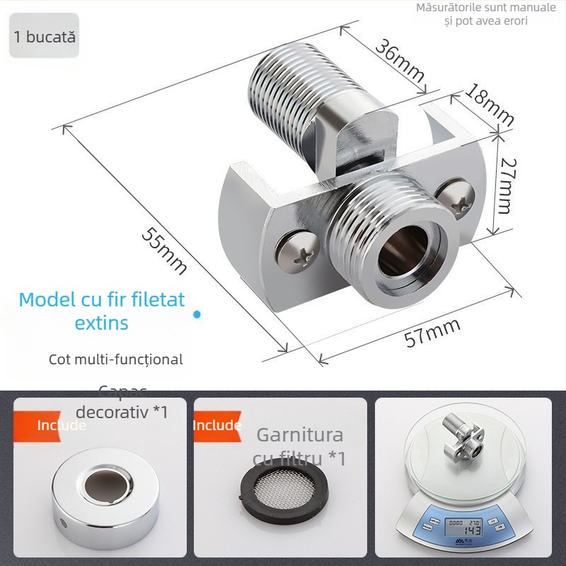Adaptor de duș din oțel inoxidabil 304, universal cot curbat, interfață pentru duș, reglaj înclinare, rotativ, diametru variabil