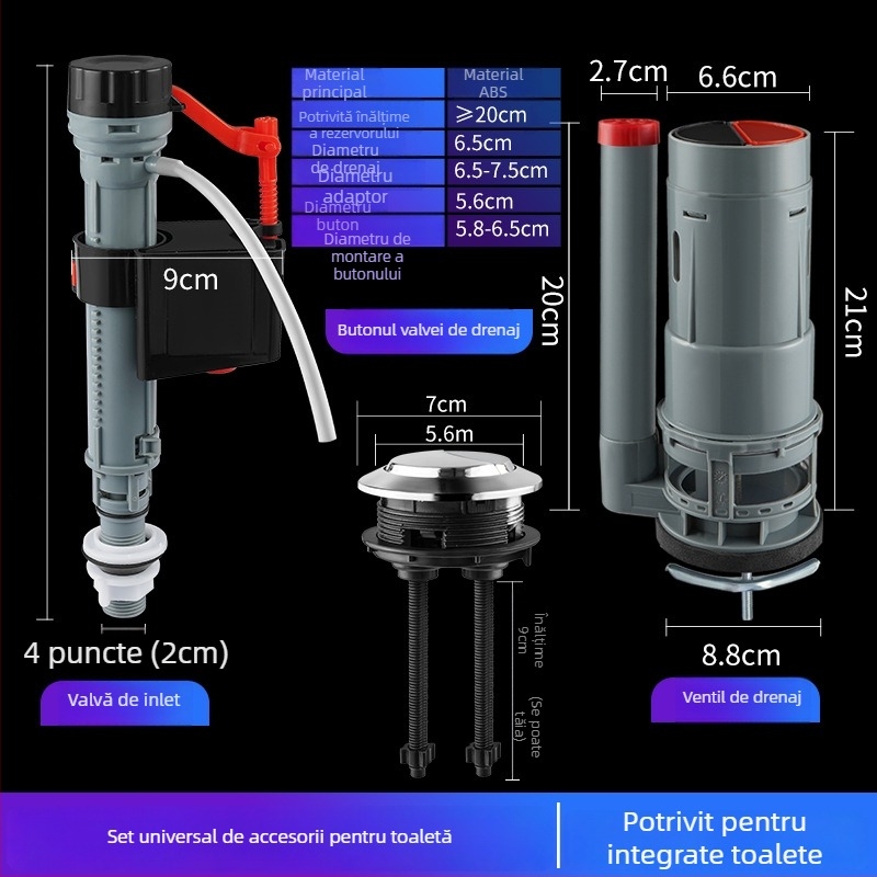 Set de butoane pentru flushing-ul toaletei — ABS, turnare prin injecție, valve universale de intrare și evacuare a rezervorului, acționare prin apăsare, marca Three penguins, origine Shandong