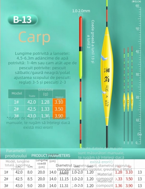 Plută de pescuit crap și caras — nano, ultra vizibilă, pentru apă mică și adâncă, aruncări la distanță, corp îngroșat, sensibilitate înaltă