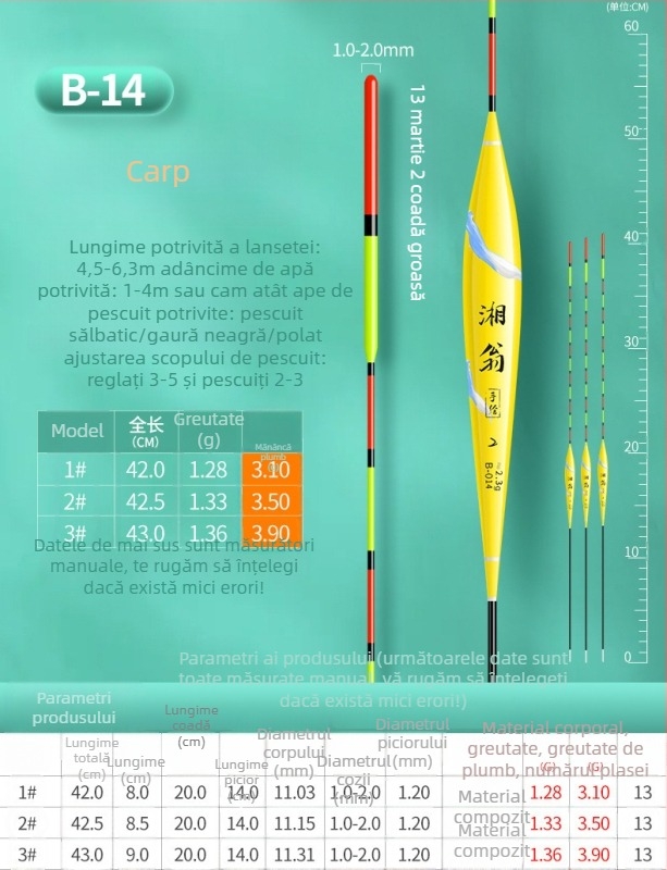 Plută de pescuit crap și caras — nano, ultra vizibilă, pentru apă mică și adâncă, aruncări la distanță, corp îngroșat, sensibilitate înaltă