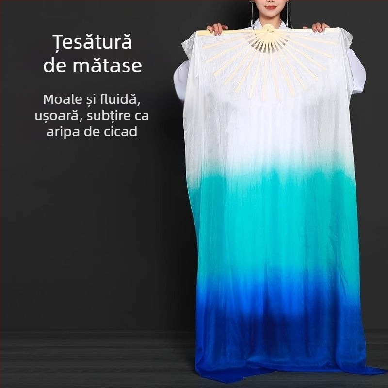 Fan de dans lung din bambus, cu gradient albastru-lacustru, pentru deschiderea dansului; stil chinezesc; accesoriu pentru dansuri pentru adulți precum belly dance și Yangko.