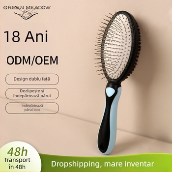 Pieptene dublu pentru animale de companie, peri din păr de porc pentru masaj și îndepărtarea părului, construcție metal/plastic, Green grass