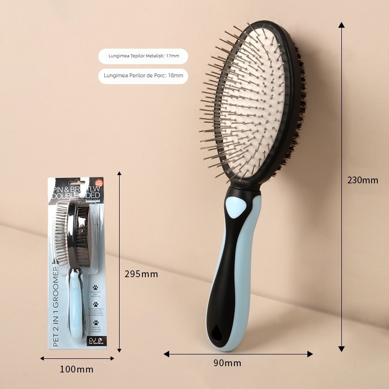 Pieptene dublu pentru animale de companie, peri din păr de porc pentru masaj și îndepărtarea părului, construcție metal/plastic, Green grass