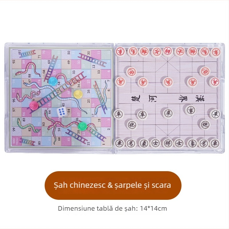 Joc de masă magnetic pliabil — set multiplu educațional cu Flying Chess, Snakes and Ladders, Șah Chinezesc, Backgammon, Gomoku și Checkers; Material din plastic, pentru vârsta 7–14 ani