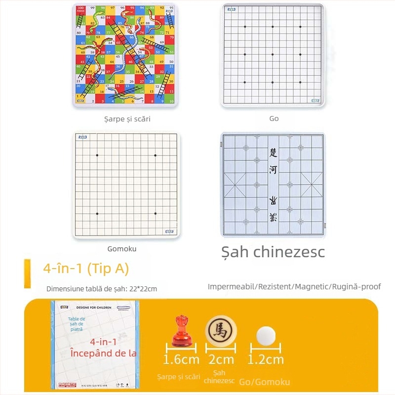 Joc de masă magnetic pliabil — set multiplu educațional cu Flying Chess, Snakes and Ladders, Șah Chinezesc, Backgammon, Gomoku și Checkers; Material din plastic, pentru vârsta 7–14 ani