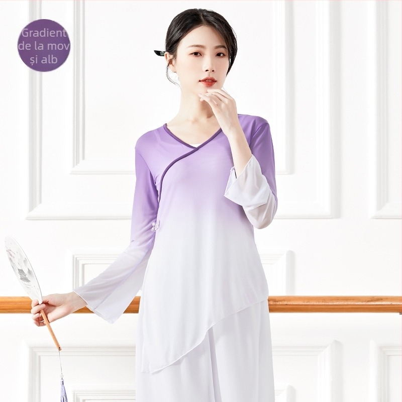 Top de dans modern – Gradient mesh, material nylon 40D, căptușeală din amestec de bumbac, croială lejeră, îmbrăcăminte de dans pentru femei