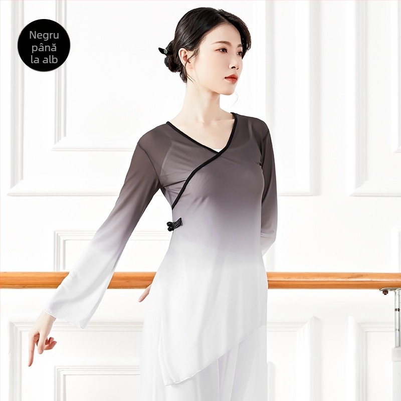 Top de dans modern – Gradient mesh, material nylon 40D, căptușeală din amestec de bumbac, croială lejeră, îmbrăcăminte de dans pentru femei