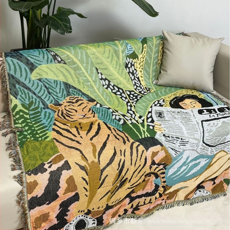 Pătură tapiserie decorativă din poliester-cotton, premium pentru living, cu model de caractere, greutate 800–999 g