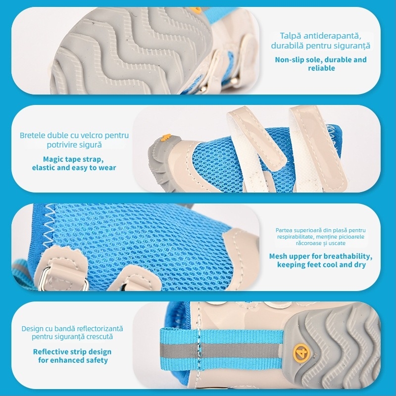 Pantofi pentru câini cu curele duble, plasă respirabilă, anti-derapare, cauciuc, mențin căldura