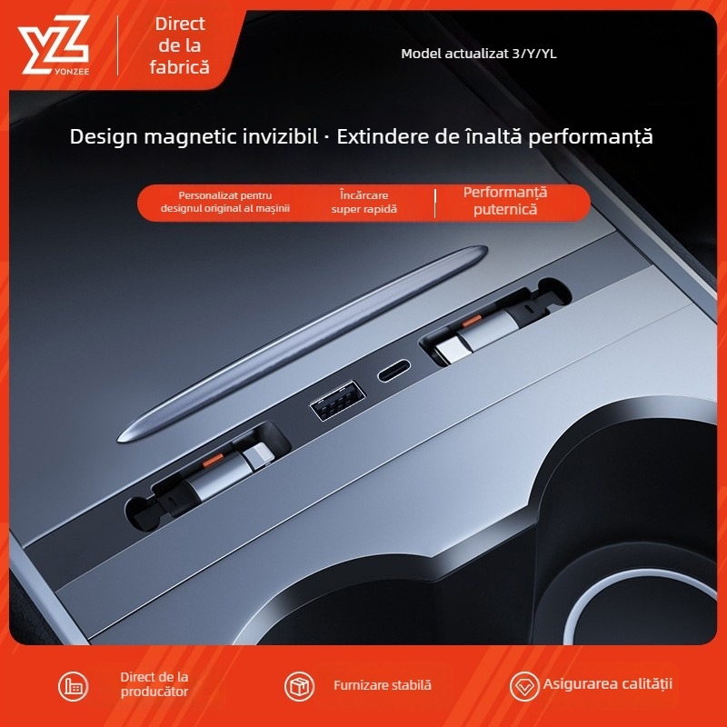 Hub USB de încărcare pentru consola centrală Tesla Model 3/Y – Mini, ABS, Snap-on