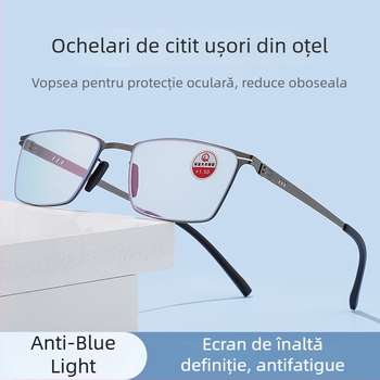 Ochelari de citit cu lentile anti-lumină albastră, lentile PC, ramă metalică full-frame, pentru bărbați în vârstă