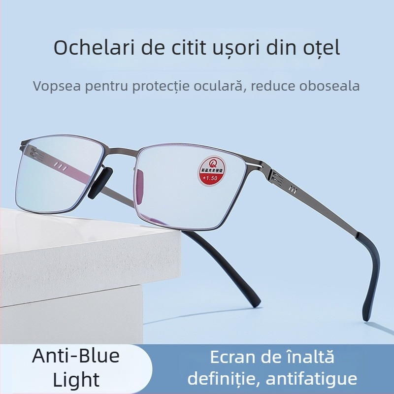 Ochelari de citit cu lentile anti-lumină albastră, lentile PC, ramă metalică full-frame, pentru bărbați în vârstă