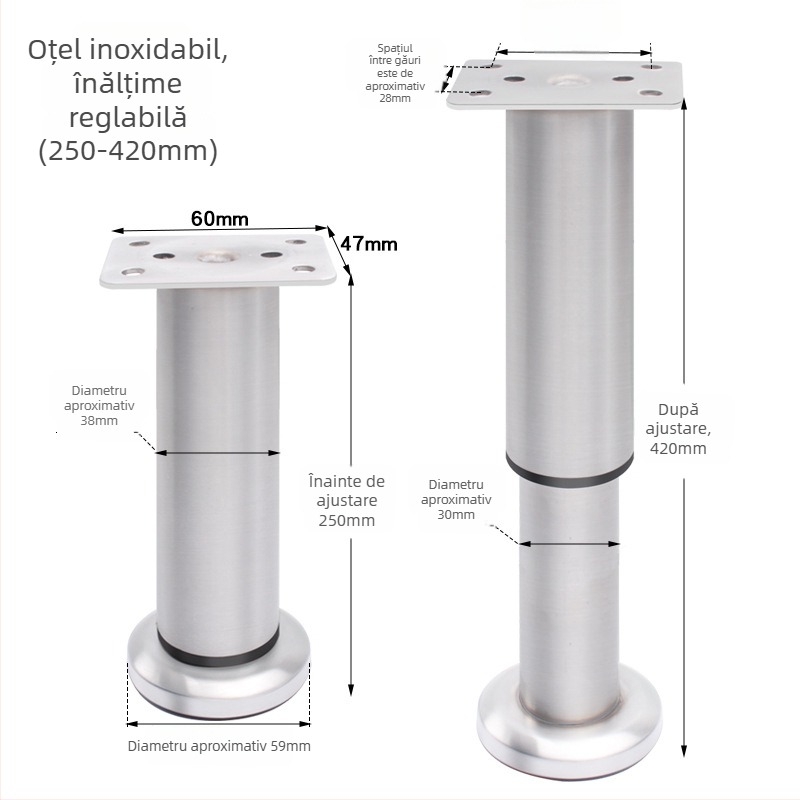 Picioare rotunde reglabile din aluminiu pentru mobilier – aliaj de aluminiu, Golden aoding, model 35 sus-jos, finisaj mat, stil modern minimalist