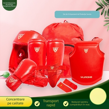 Set protecții Sanda pentru adulți, antrenament de box — protecții cap, piept, picioare și umeri; Material: poliester; Zone de protecție: gambă, umăr, gleznă, genunchi; Cod produs: ZJ-1016