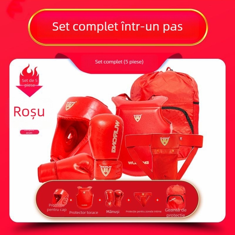 Set protecții Sanda pentru adulți, antrenament de box — protecții cap, piept, picioare și umeri; Material: poliester; Zone de protecție: gambă, umăr, gleznă, genunchi; Cod produs: ZJ-1016