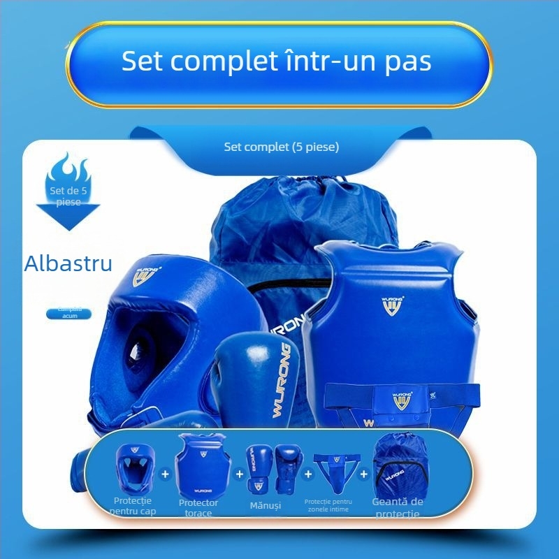 Set protecții Sanda pentru adulți, antrenament de box — protecții cap, piept, picioare și umeri; Material: poliester; Zone de protecție: gambă, umăr, gleznă, genunchi; Cod produs: ZJ-1016