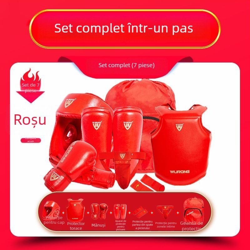 Set protecții Sanda pentru adulți, antrenament de box — protecții cap, piept, picioare și umeri; Material: poliester; Zone de protecție: gambă, umăr, gleznă, genunchi; Cod produs: ZJ-1016