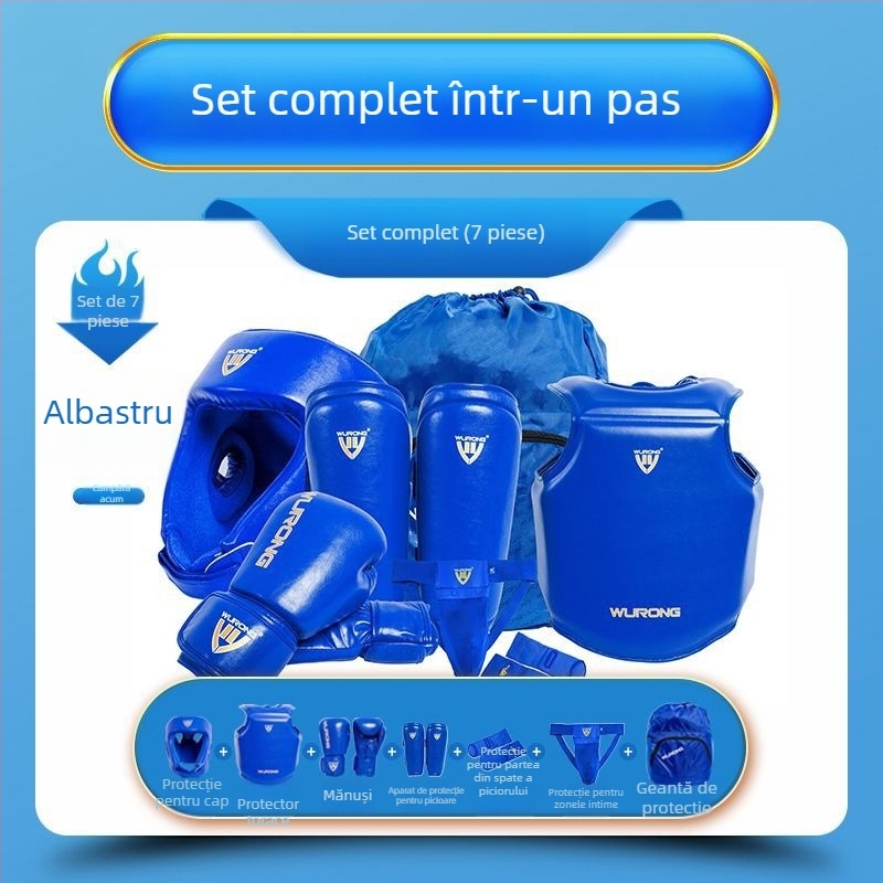 Set protecții Sanda pentru adulți, antrenament de box — protecții cap, piept, picioare și umeri; Material: poliester; Zone de protecție: gambă, umăr, gleznă, genunchi; Cod produs: ZJ-1016