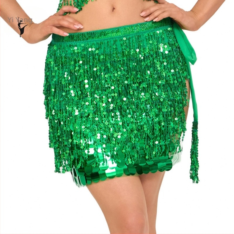 Costum Belly Dance cu centură de talie din paiete, cu mai multe straturi, poliester, șal hip boem sexy