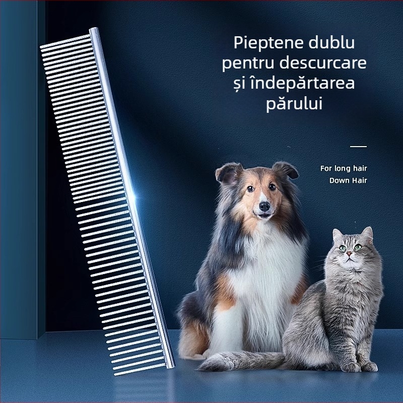 Pieptene pentru îngrijire animale de companie, pentru pisici și câini cu păr lung, oțel, dinți fini