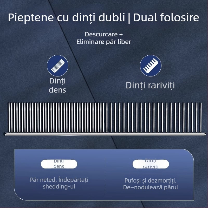 Pieptene pentru îngrijire animale de companie, pentru pisici și câini cu păr lung, oțel, dinți fini