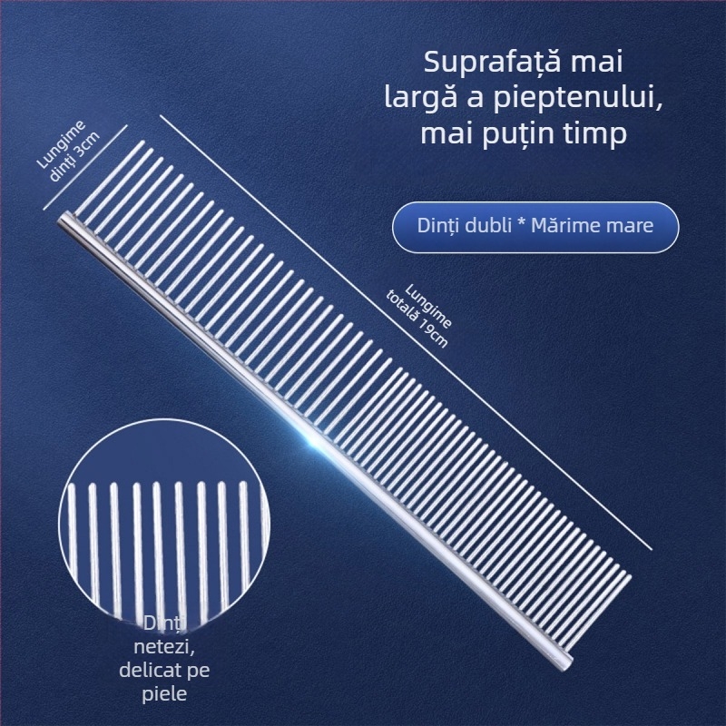 Pieptene pentru îngrijire animale de companie, pentru pisici și câini cu păr lung, oțel, dinți fini