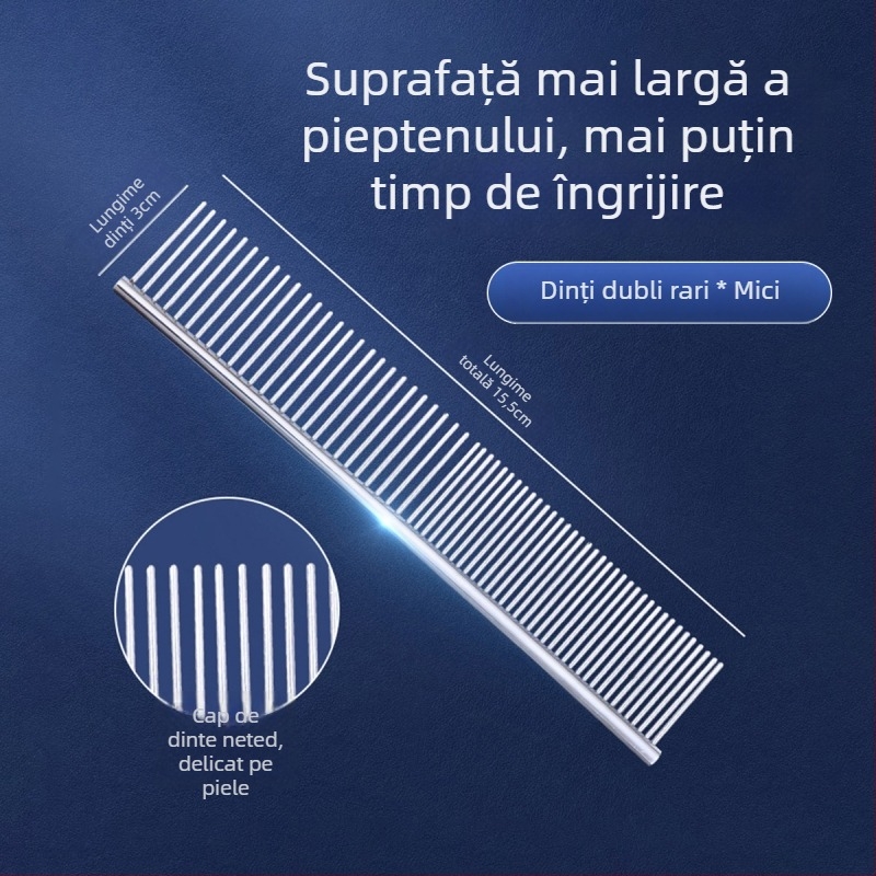 Pieptene pentru îngrijire animale de companie, pentru pisici și câini cu păr lung, oțel, dinți fini