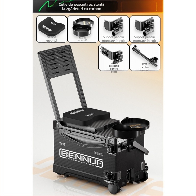 Set ultraușor pentru cutia de pescuit, material PP, cutie de pescuit multifuncțională cu șezut, platformă reglabilă pentru picioare și roți