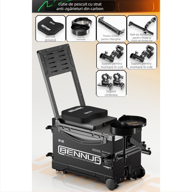 Set ultraușor pentru cutia de pescuit, material PP, cutie de pescuit multifuncțională cu șezut, platformă reglabilă pentru picioare și roți