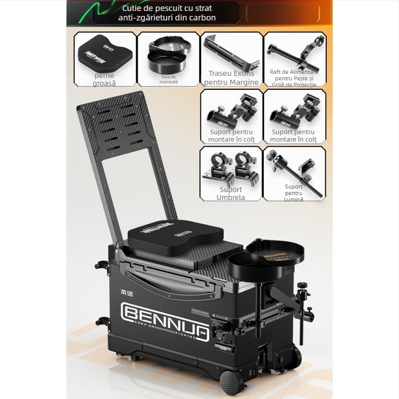 Set ultraușor pentru cutia de pescuit, material PP, cutie de pescuit multifuncțională cu șezut, platformă reglabilă pentru picioare și roți