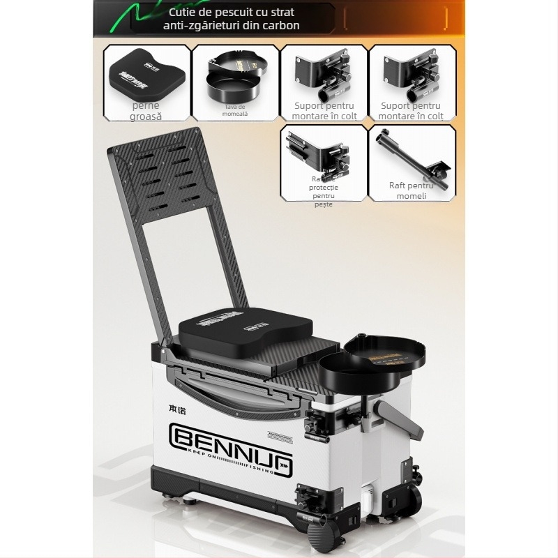 Set ultraușor pentru cutia de pescuit, material PP, cutie de pescuit multifuncțională cu șezut, platformă reglabilă pentru picioare și roți