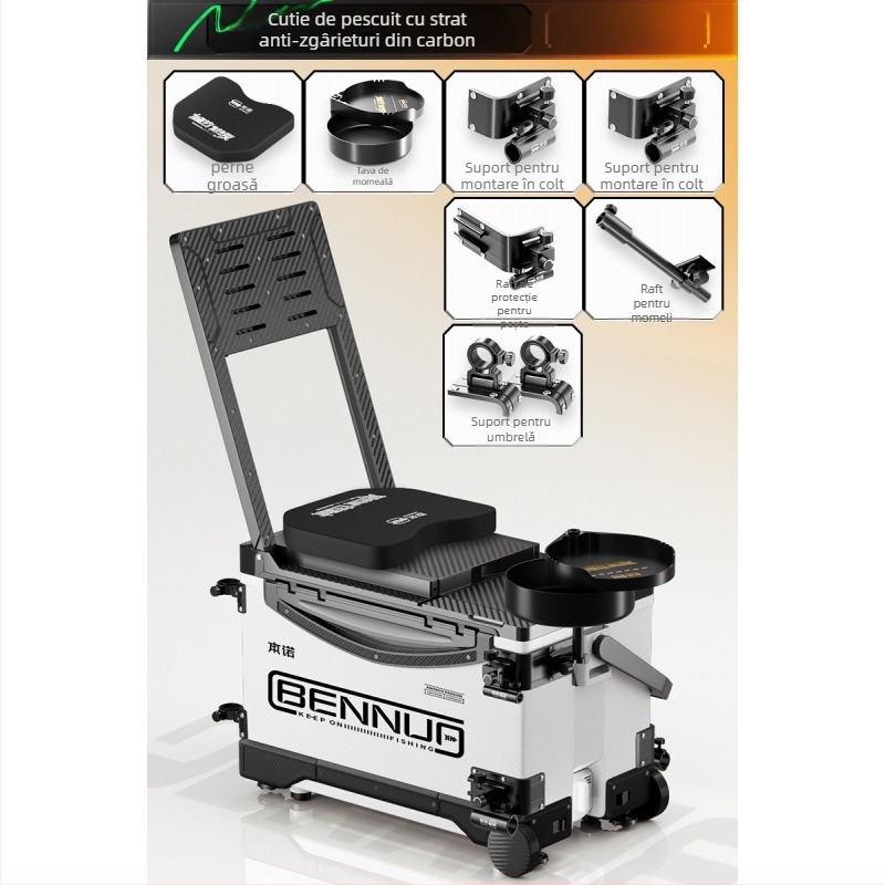 Set ultraușor pentru cutia de pescuit, material PP, cutie de pescuit multifuncțională cu șezut, platformă reglabilă pentru picioare și roți