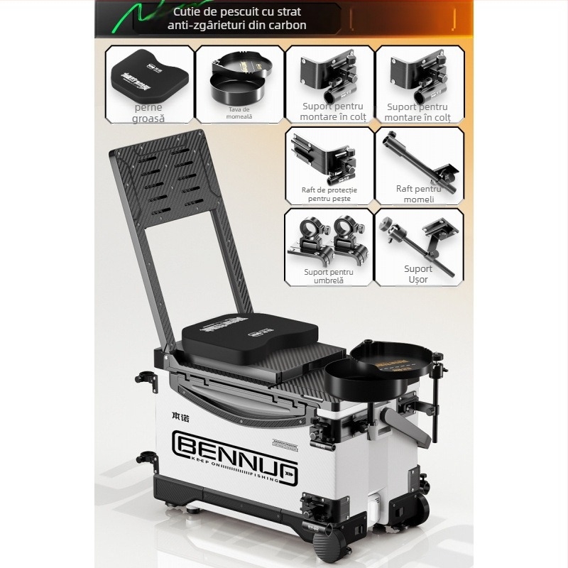 Set ultraușor pentru cutia de pescuit, material PP, cutie de pescuit multifuncțională cu șezut, platformă reglabilă pentru picioare și roți