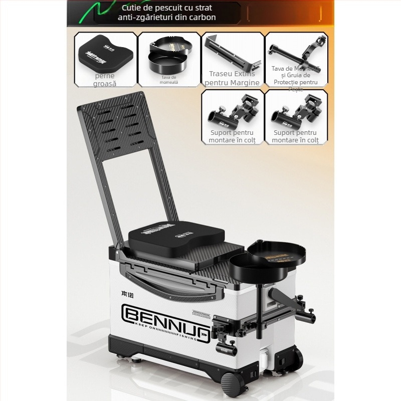 Set ultraușor pentru cutia de pescuit, material PP, cutie de pescuit multifuncțională cu șezut, platformă reglabilă pentru picioare și roți