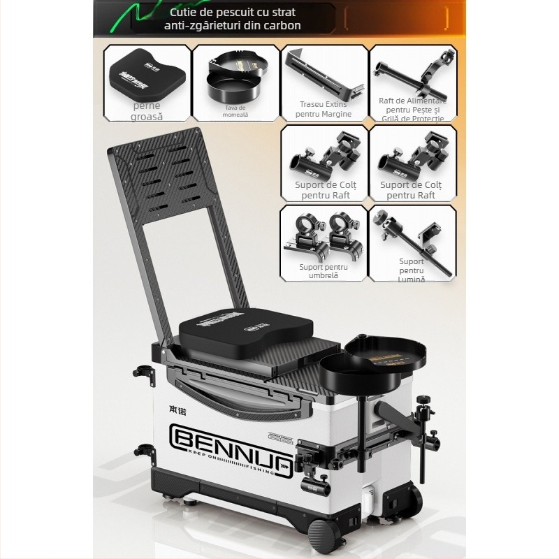 Set ultraușor pentru cutia de pescuit, material PP, cutie de pescuit multifuncțională cu șezut, platformă reglabilă pentru picioare și roți