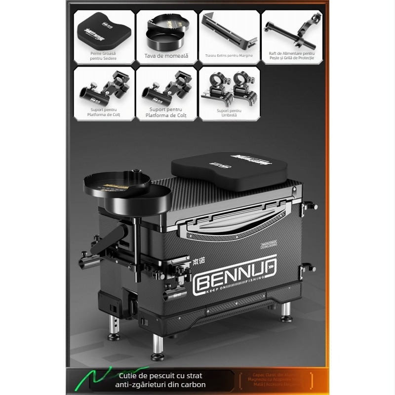 Set ultraușor pentru cutia de pescuit, material PP, cutie de pescuit multifuncțională cu șezut, platformă reglabilă pentru picioare și roți