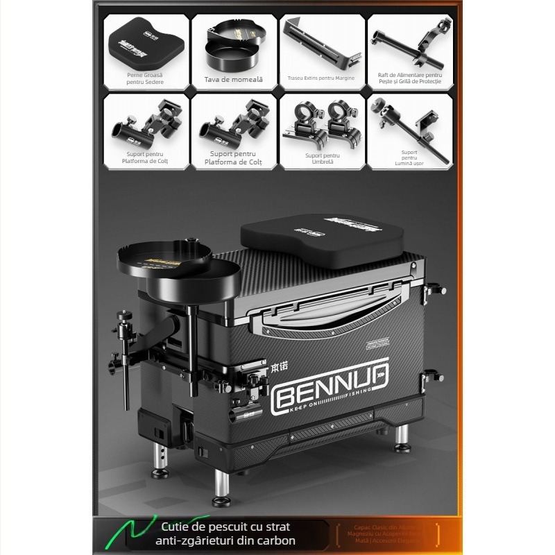 Set ultraușor pentru cutia de pescuit, material PP, cutie de pescuit multifuncțională cu șezut, platformă reglabilă pentru picioare și roți