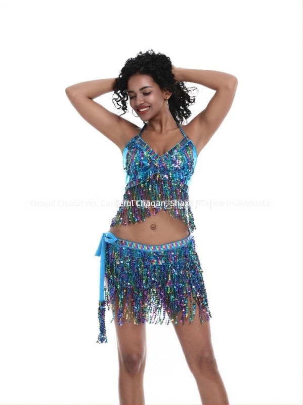 Costum de scenă pentru pole dance și belly dance, paiete și ciucuri, material chiffon, nylon 50–70%, Primăvara 2025